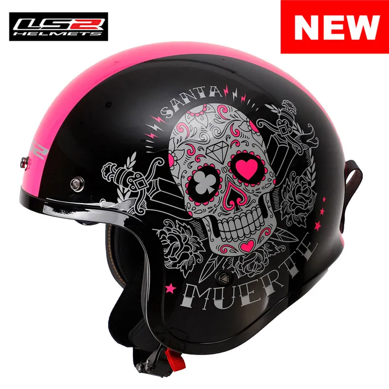 LS2 Spitfire OF599 реактивный мотоциклетный шлем 3/4 Cruiser Touring скутер Casco Moto Casque cask Capacetes De Motociclista - Цвет: Black Pink Skull