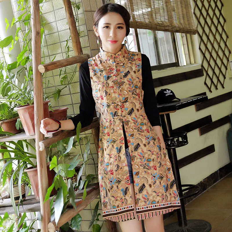 Woman Vest New Arrival Chinese Style Women Sleeveless Jacket Vintage Print Long Slim Ethnic Waistcoat Cotton Linen Tops f1073