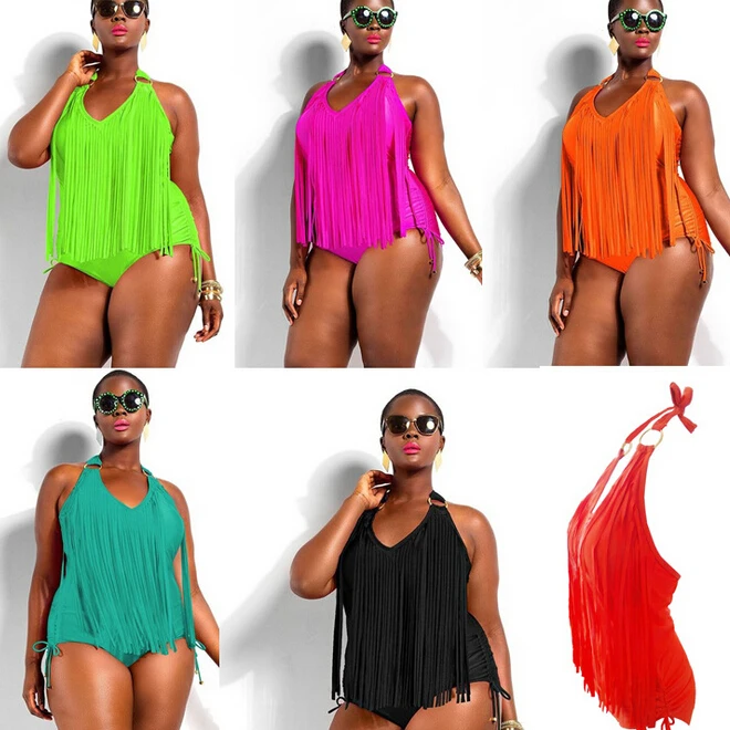 Женский купальник с пуш-апом однотонный большого размера большими кисточками и