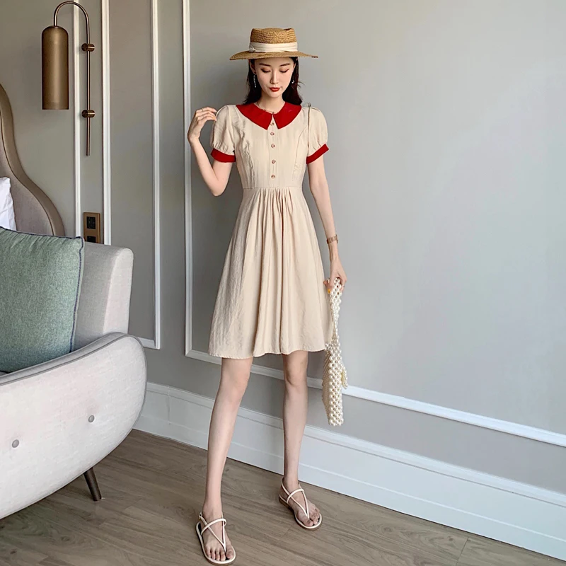 Платье с коротким рукавом фонариком и воротником Питер Пэн|Женские платья| |