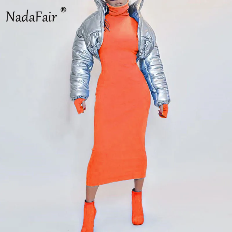 Nadafair уличная одежда неоновая водолазка платье для женщин высокая талия длинный