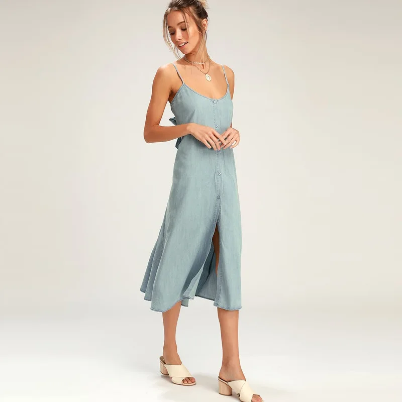 Платье из джинсовой ткани женское летнее платье на бретельках | Женская одежда