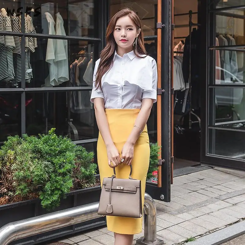 

Summer 2 Pieces Sets Half Sleeve White Shirt Ruffles Tops Bodycon Office Ladies Yellow Midi Pencil Skirt Sexy Party Womens Dress