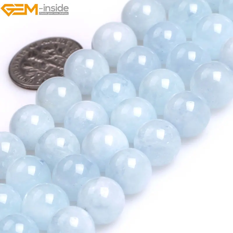 Gem-inside Natural Round Smooth Light Blue A Grade Aquamarine Quartz Beads for Jewelry Making 15'' DIY Jewellery Christmas Gift |