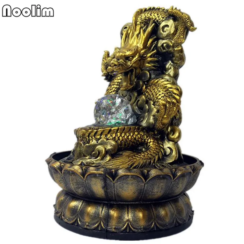 Золотой дракон смолы фонтаны фэн шуй колесо с светильник светодиодный шар