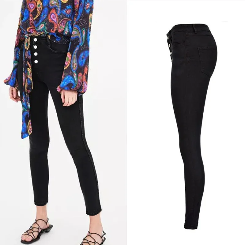2019 Women Black Jeans Chic High Waist Single Button Sexy Pencil Slim Skinny Denim Pants | Женская одежда