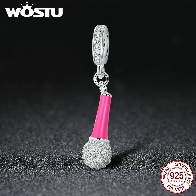 WOSTU, новинка, 925 пробы, серебряный, я люблю пение, микрофон, прозрачный, CZ, подвеска, шарм, подходит для женщин, браслет, сделай сам, бусины, ювелирное изделие, FIC440