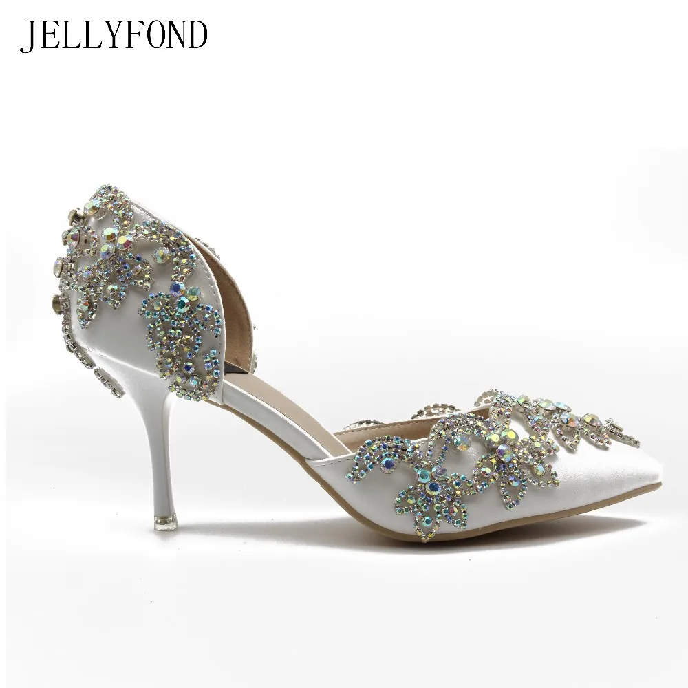 JELLYFOND Luxury White Crystals Women High Heels Pumps Bling AB Rhinestones Diamond Wedding Shoes Bridal Party Dress Shoes Woman