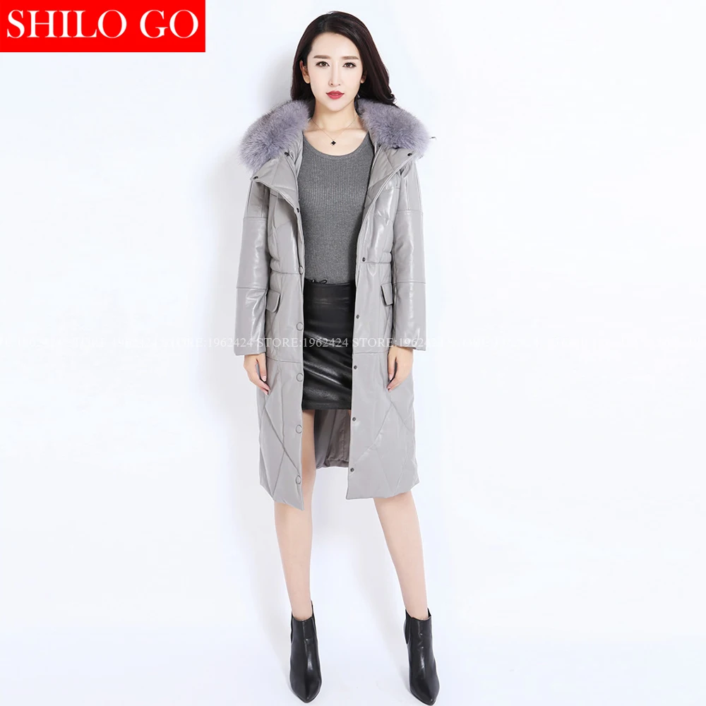 Женское длинное пальто из натуральной кожи с капюшоном и мехом лисы большие
