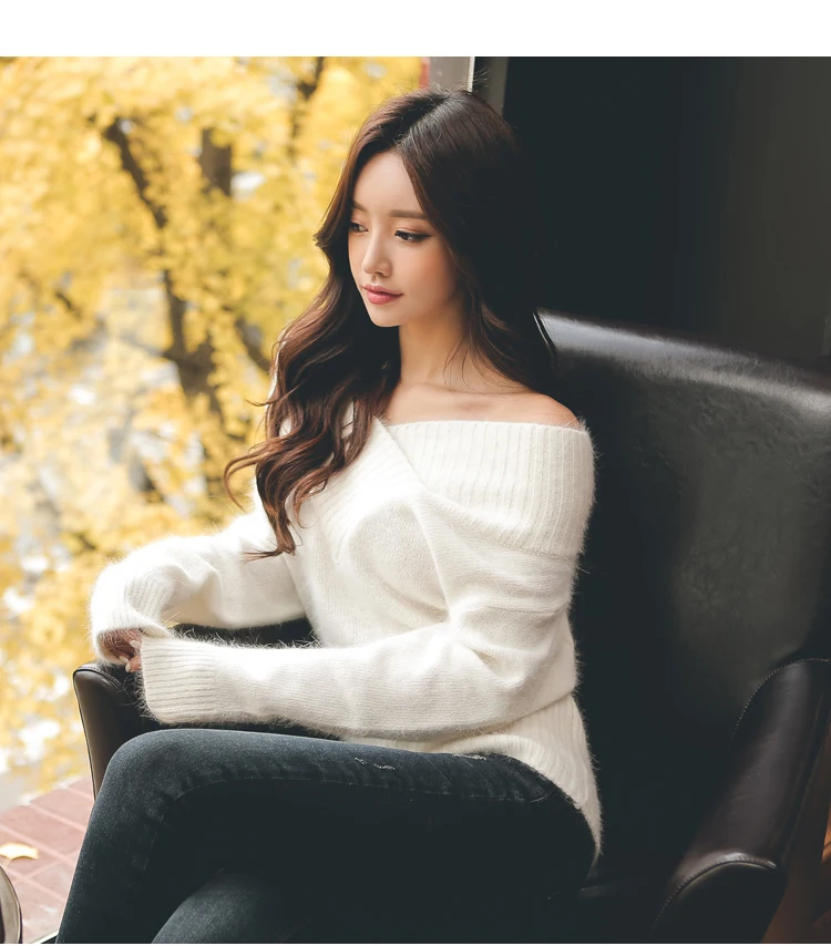 Women winter fashion sweater v-neck off shoulder solid color furry casual pullover ladies batwing sleeve knitwear free shipping | Женская