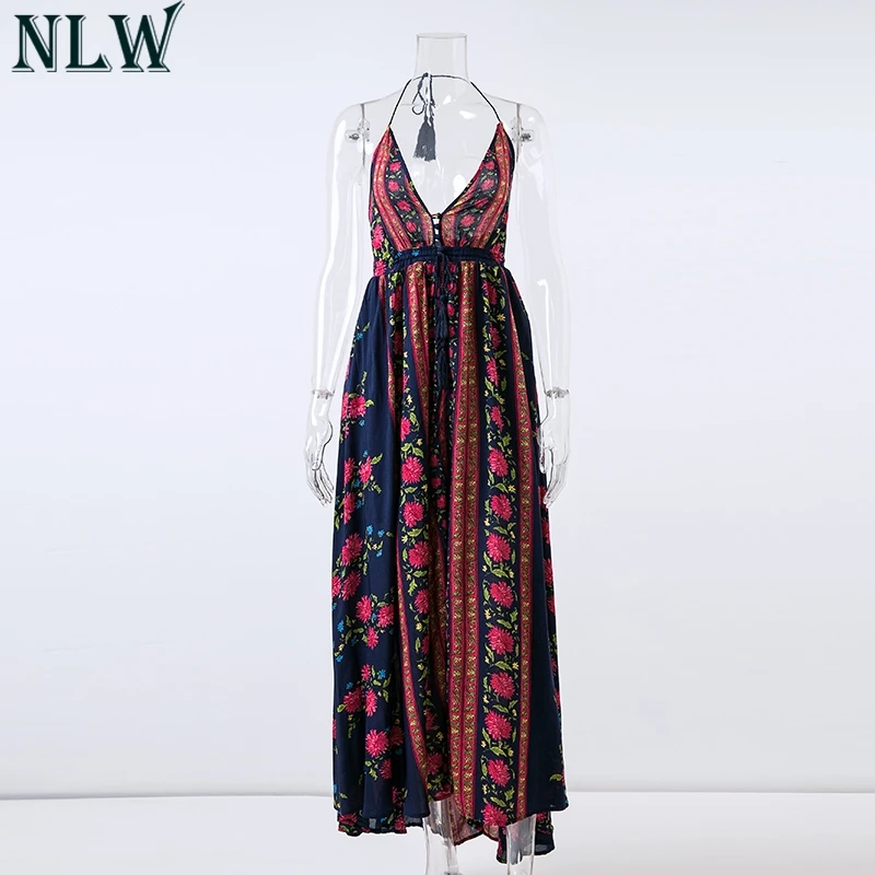 NLW Boho печати Макси платье с v-образным вырезом Холтер женское летнее длинное 2018