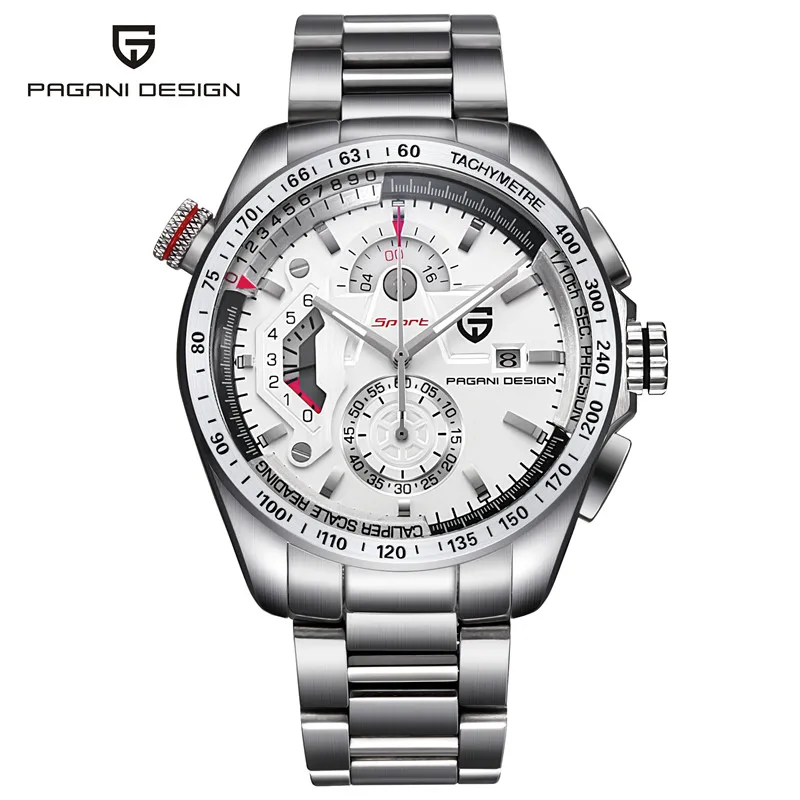 steel white PAGANI Дизайн Роскошные Брендовые Часы Reloj Hombre мужские Хронограф Спортивные полностью Стальные кварцевые черные часы M Relogio Masculino Saat - Цвет: steel white