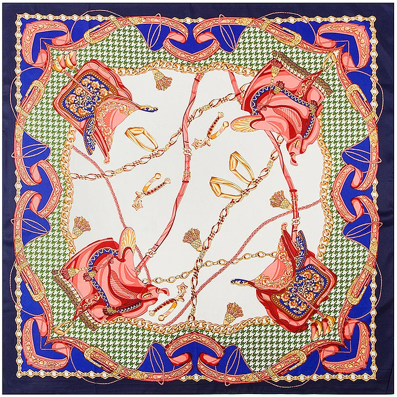 

100% Silk Scarf Women Chain Painting FNeckerchief Female Foulard Square Scarves Female Bandana Office Lady Headband Muslim Wrap