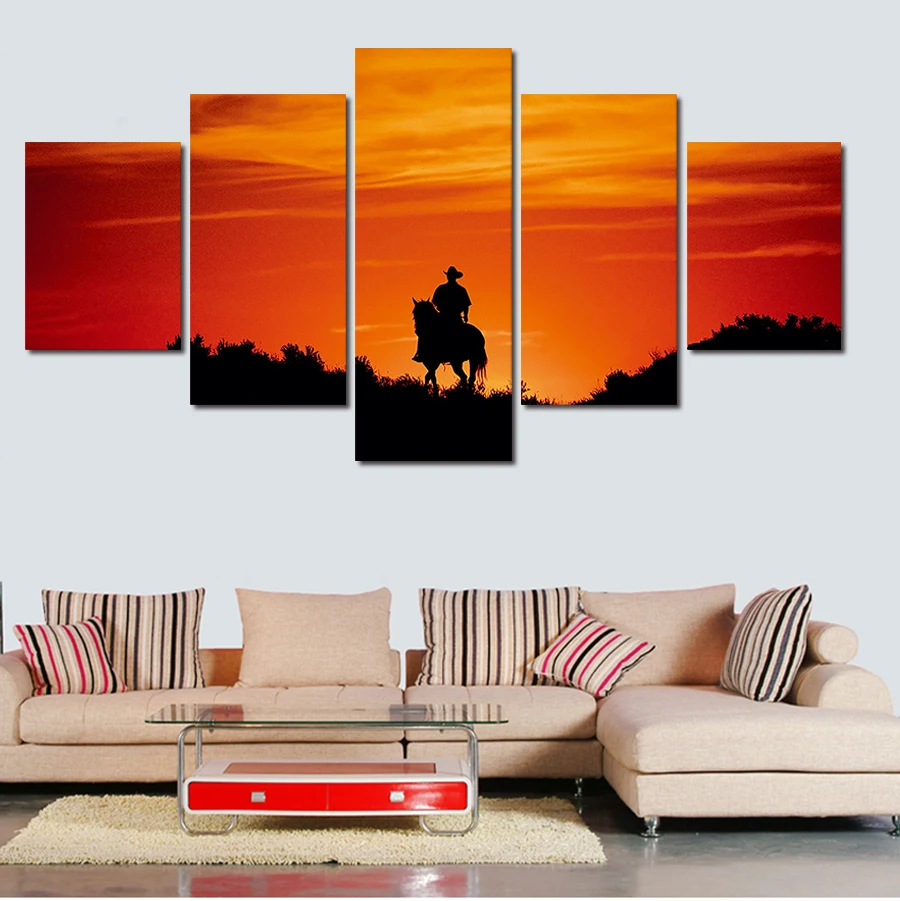 

Распродажа Куадрос 5 панели Wall Art Картина на холсте красивый человека езда сильнее лошадь для Гостиная настенная живопись