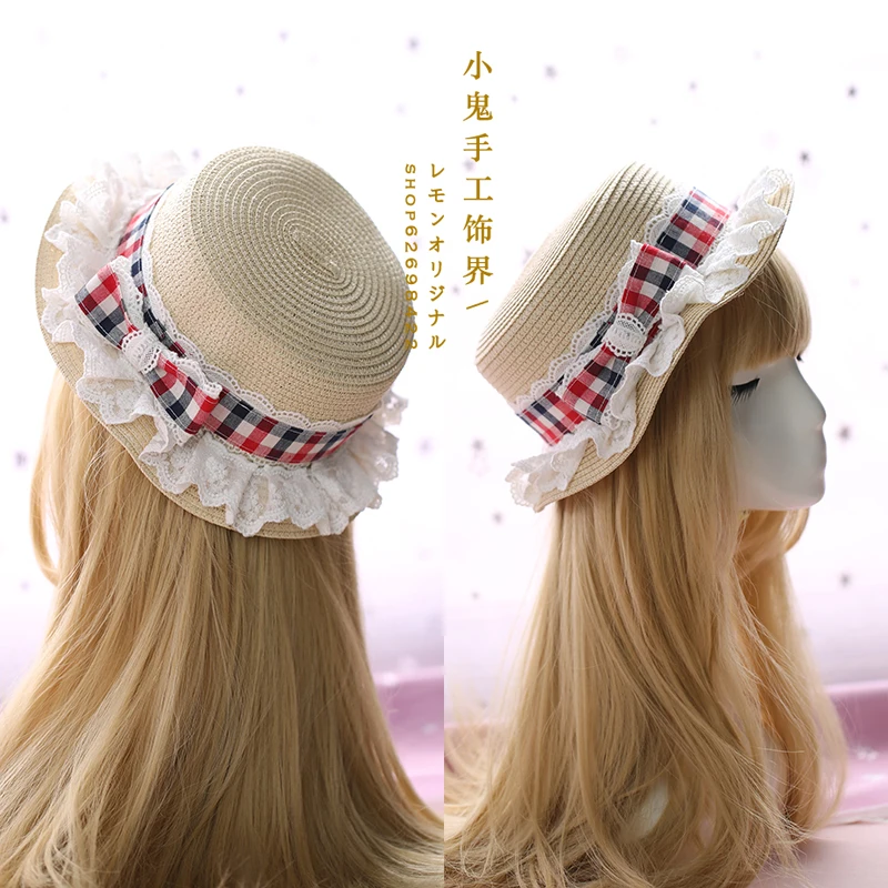 

Japanese soft sister girl sweet lolita plaid lace hat bow straw hat Cute