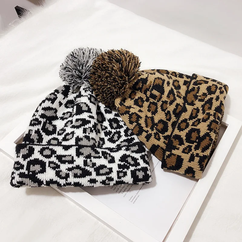 Зимние шапки Леопардовый шерстяной помпон женские Осень-зима Ins Ретро стиль