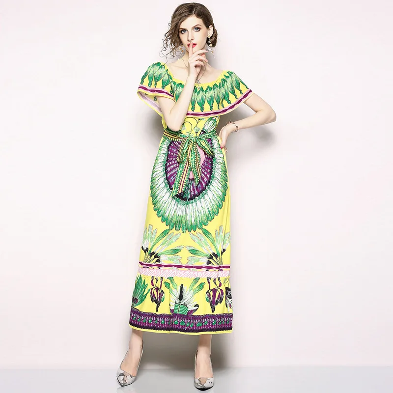 Летнее зеленое платье без рукавов с принтом Длинные вечерние платья в стиле