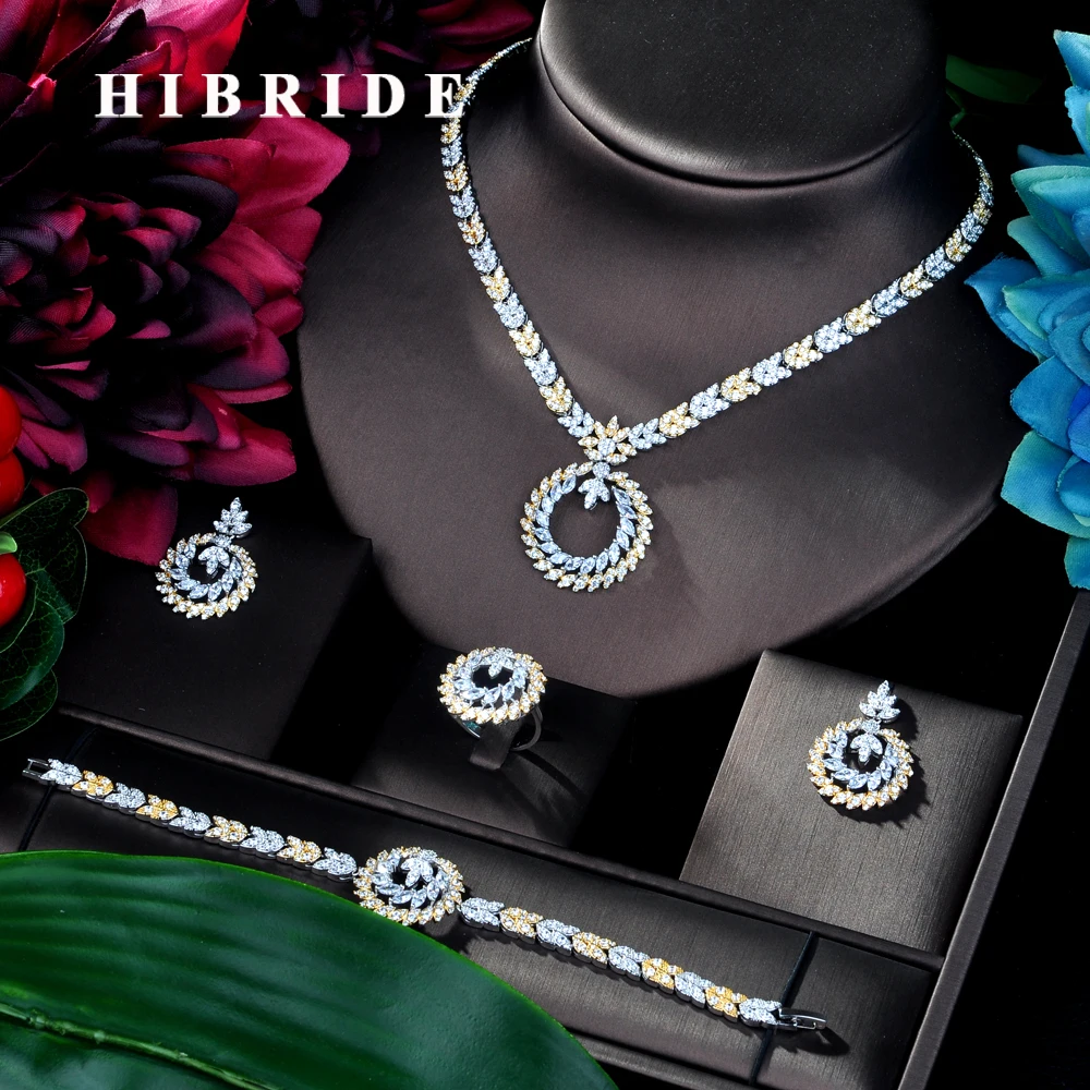 Роскошные свадебные ювелирные наборы HIBRIDE с цирконом для невесты, изысканное циркониевое ожерелье/серьги/Кольцо/браслет, полный комплект д...