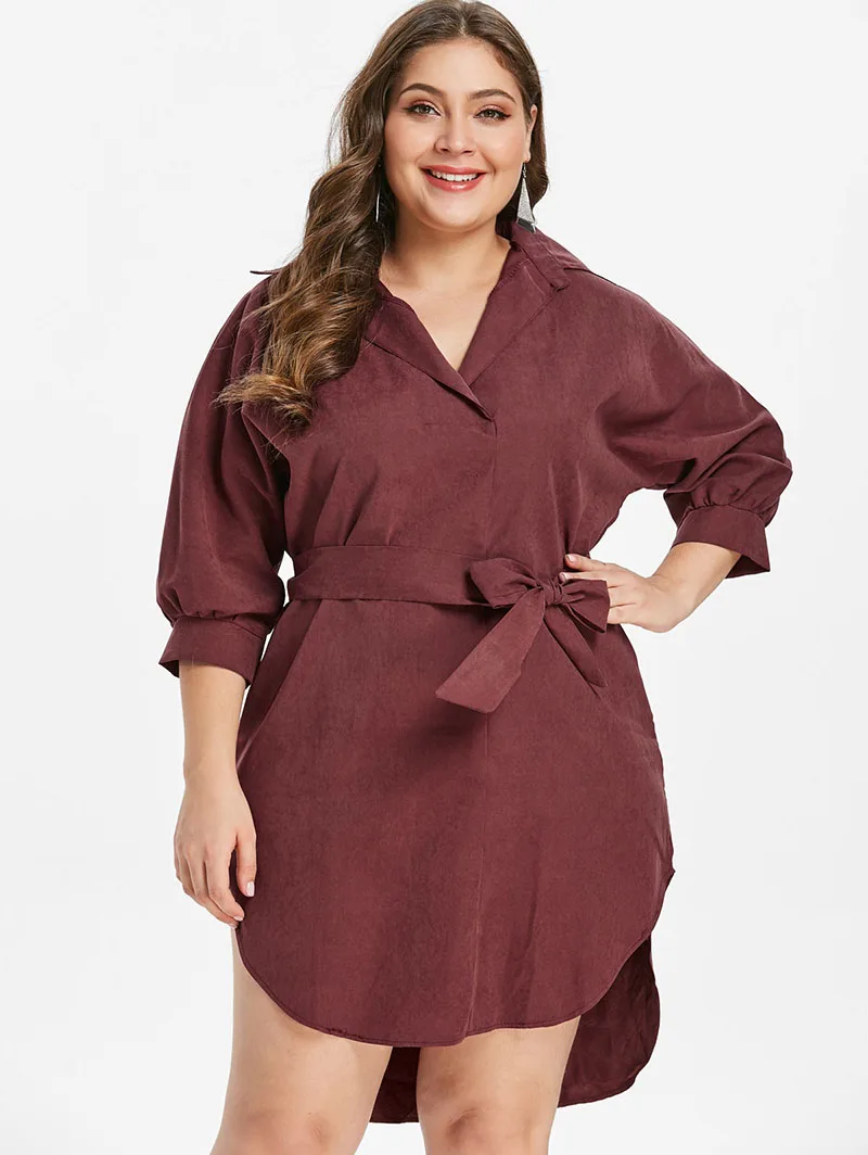 PlusMiss плюс Размеры 4XL-XL Высокий Низкий мини Шорты рубашка платье с поясом осень