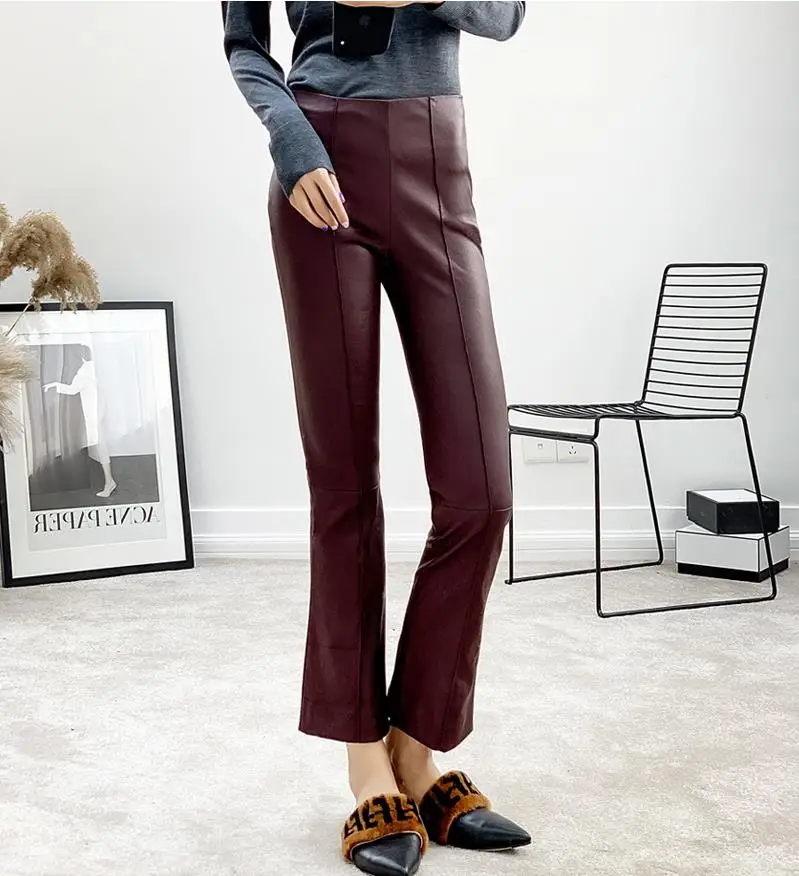 dark red Самые модные темно-красные мотоциклетные штаны из искусственной кожи, женские короткие кожаные брюки длиной до щиколотки со средней талией, прямые поставки wq742 - Цвет: dark red