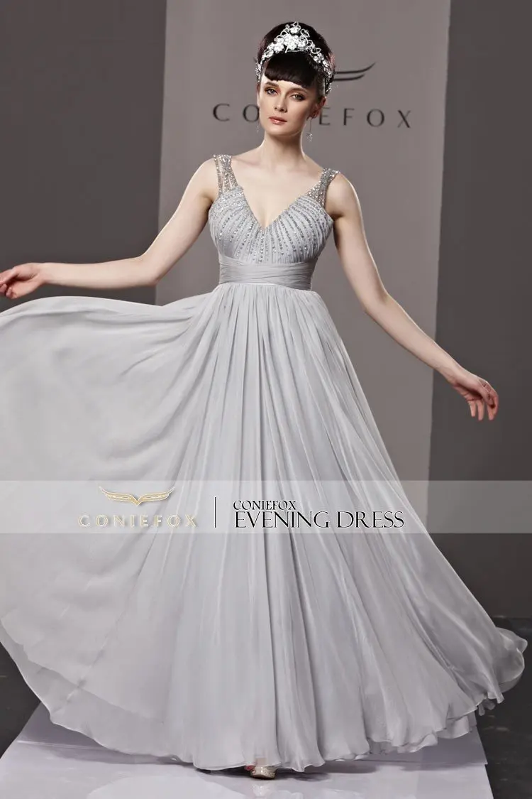 Kingfox V-Neck Silver Empire Elegant Princess Evening Dress 81195 | Свадьбы и торжества