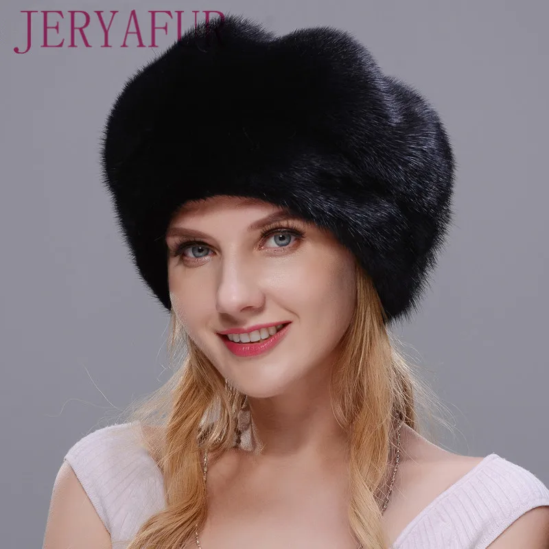 JERYAFUR 2018 Russian hat winter woman fur style cloak real mink Black women's protective ear | Аксессуары для одежды