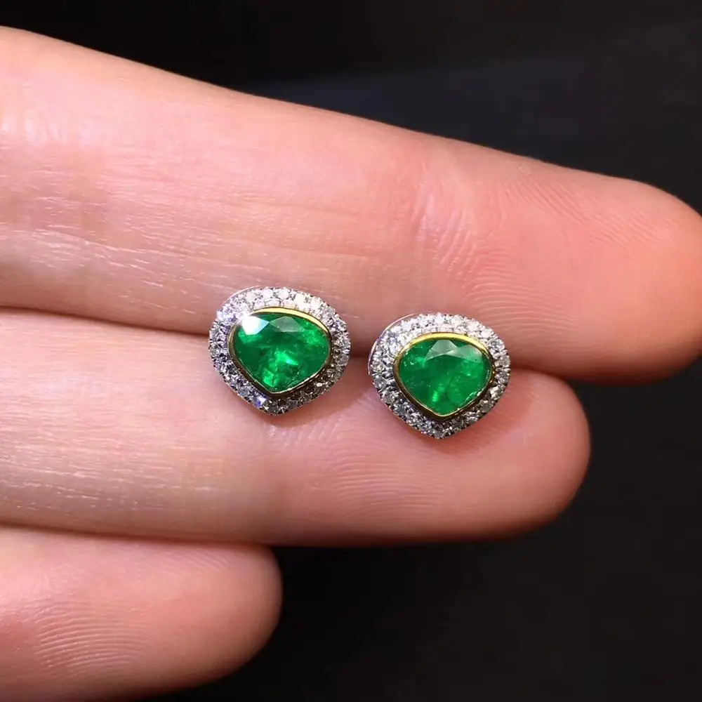 Изысканные ювелирные изделия чистый 18 K Белый Золотой AU750 натуральный яркий зеленый изумруд драгоценные камни 1.03ct шпилька с алмазами серьги для женщин