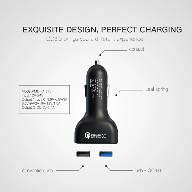 Универсальное автомобильное зарядное устройство USB с двумя светодиодными