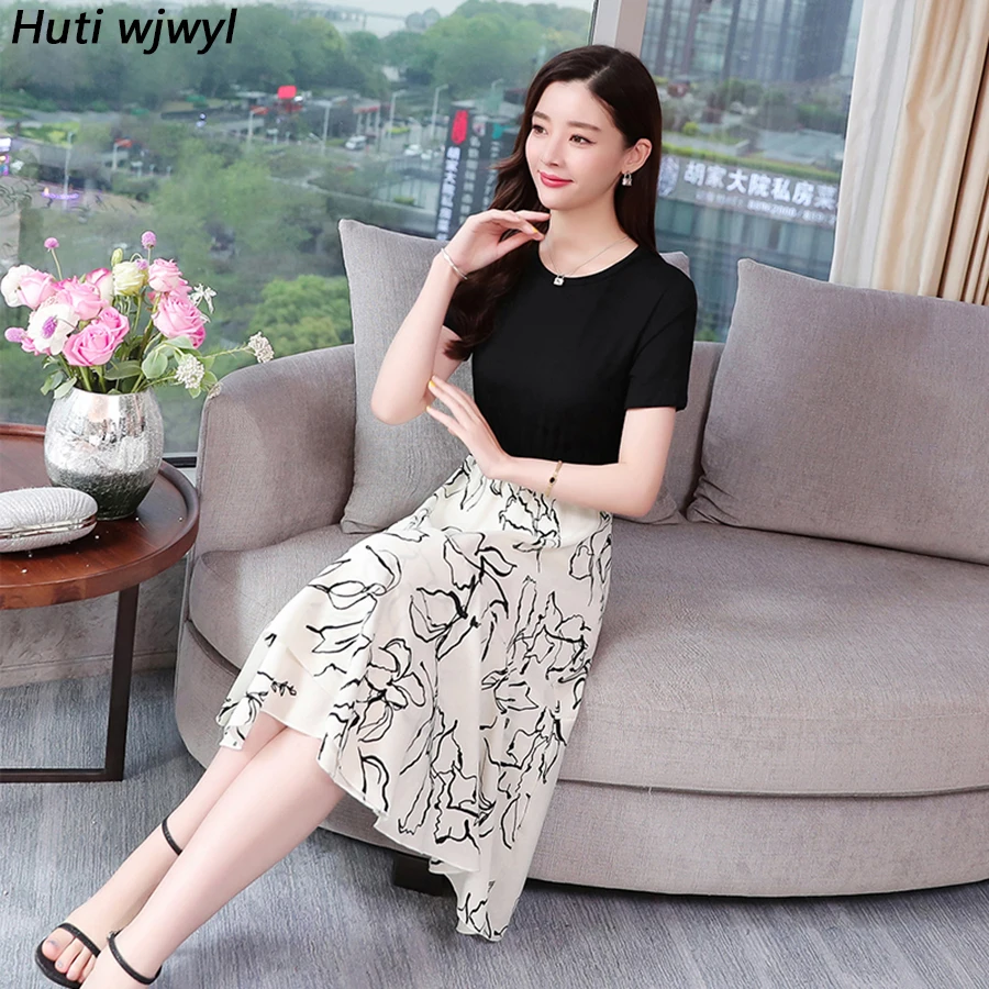 2020 однотонное шифоновое платье миди с принтом из двух частей летнее винтажное