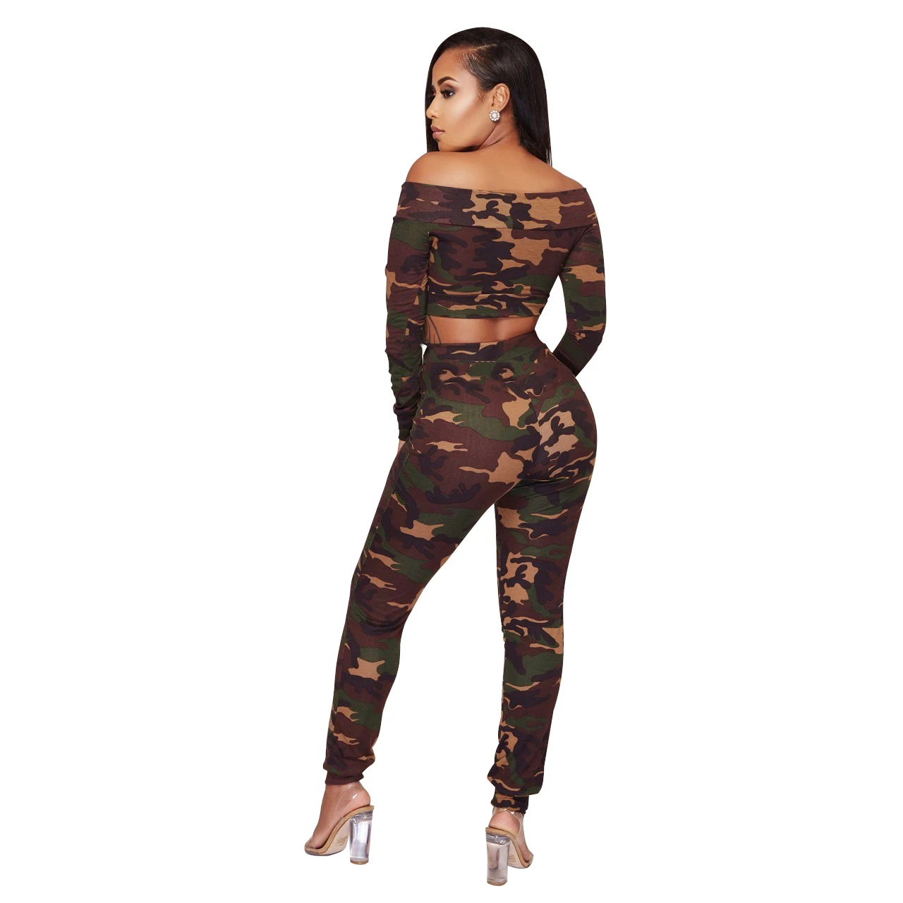 Viven Leigh Camouflage Crop Top and Skinny Full Length Pants 2017 Winter New Women Slash Neck Long Sleeve Camo 2 Piece Set | Женская