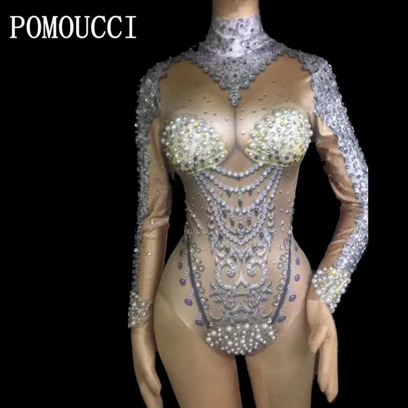 Women New 3D Printing Pearls Sexy Bodysuit Nude Stretch Outfit Celebrate Glisten Leotard Rhinestones Costume Singer Wear | Тематическая