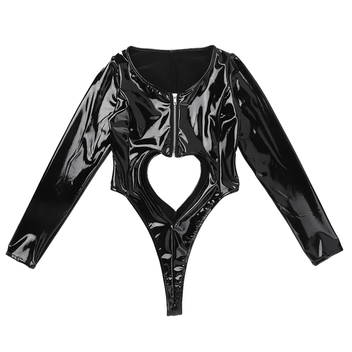 Женский слитный купальник Wetlook женское белье из лакированной кожи с длинным рукавом на молнии спереди, с вырезами, с высокой посадкой, стринги, трико, боди