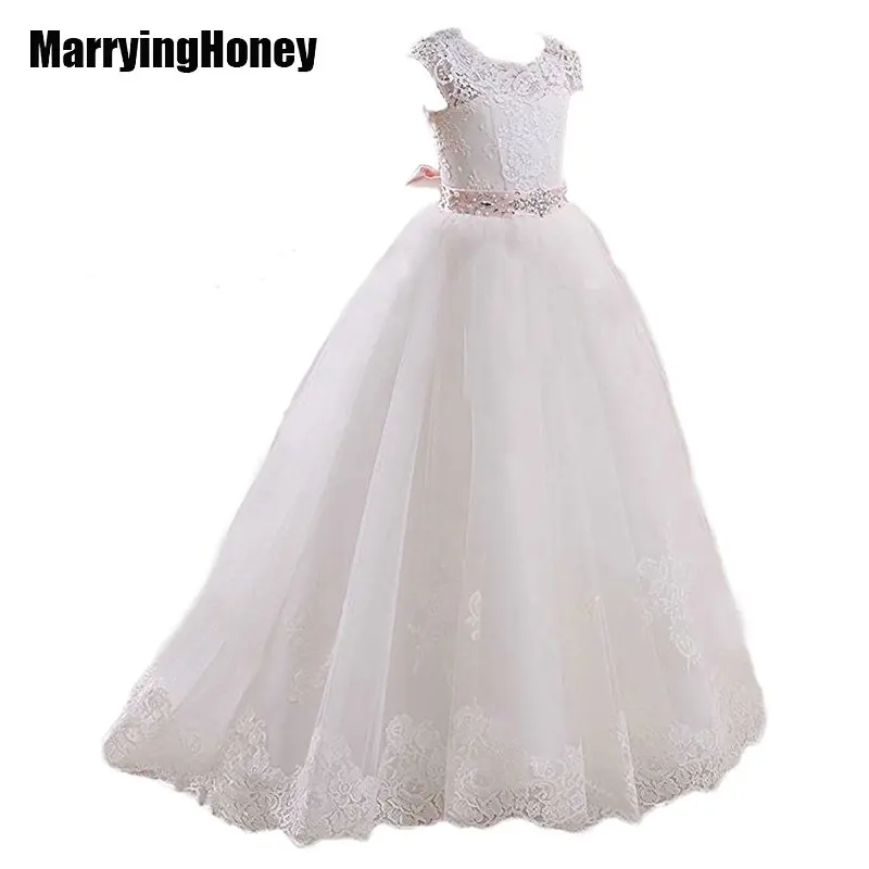 ivory and pink belt Кружевные Белые Платья с цветочным узором для девочек, свадебный пояс, пышные платья с бантом для девочек, платья для первого причастия, Детские вечерние платья на день рождения - Цвет: ivory and pink belt