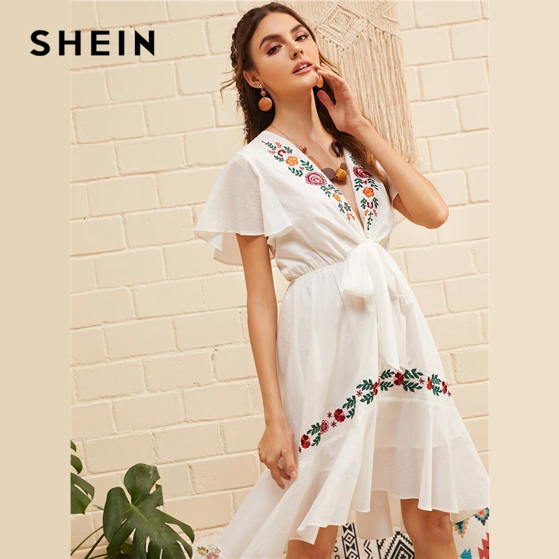 SHEIN Платье С Узлом И Оборкой Платье С Цветочной Вышивкой Бохо Летнее Платье С Глубоким V-образным Вырезом Женские Элегантные Платья
