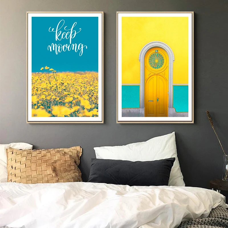 Монако синий желтый дом цветок поле путешествия холст живопись винтажные крафт