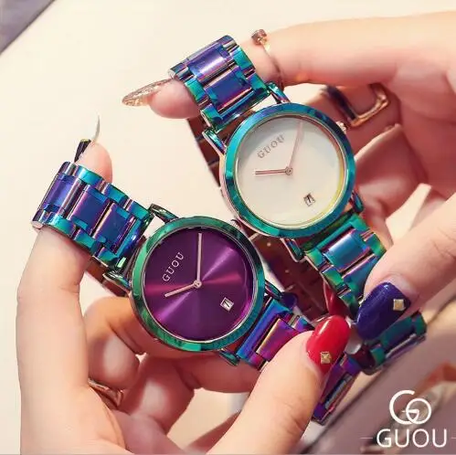 GUOU часы топ роскошные изысканные женские модные красочные из нержавеющей стали