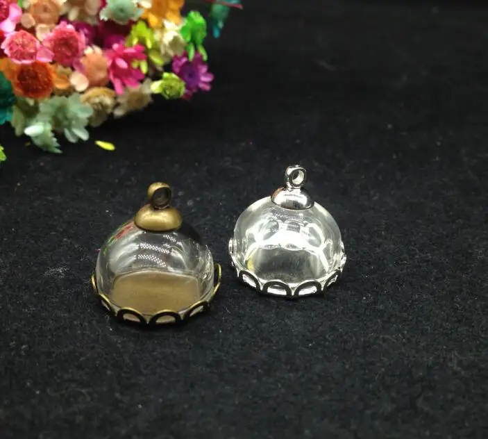 

20sets/lot15mm half glass bubble lace base tray pendant & cap DIY Glass ball cover vial pendant for necklace Sweater diy jewelry