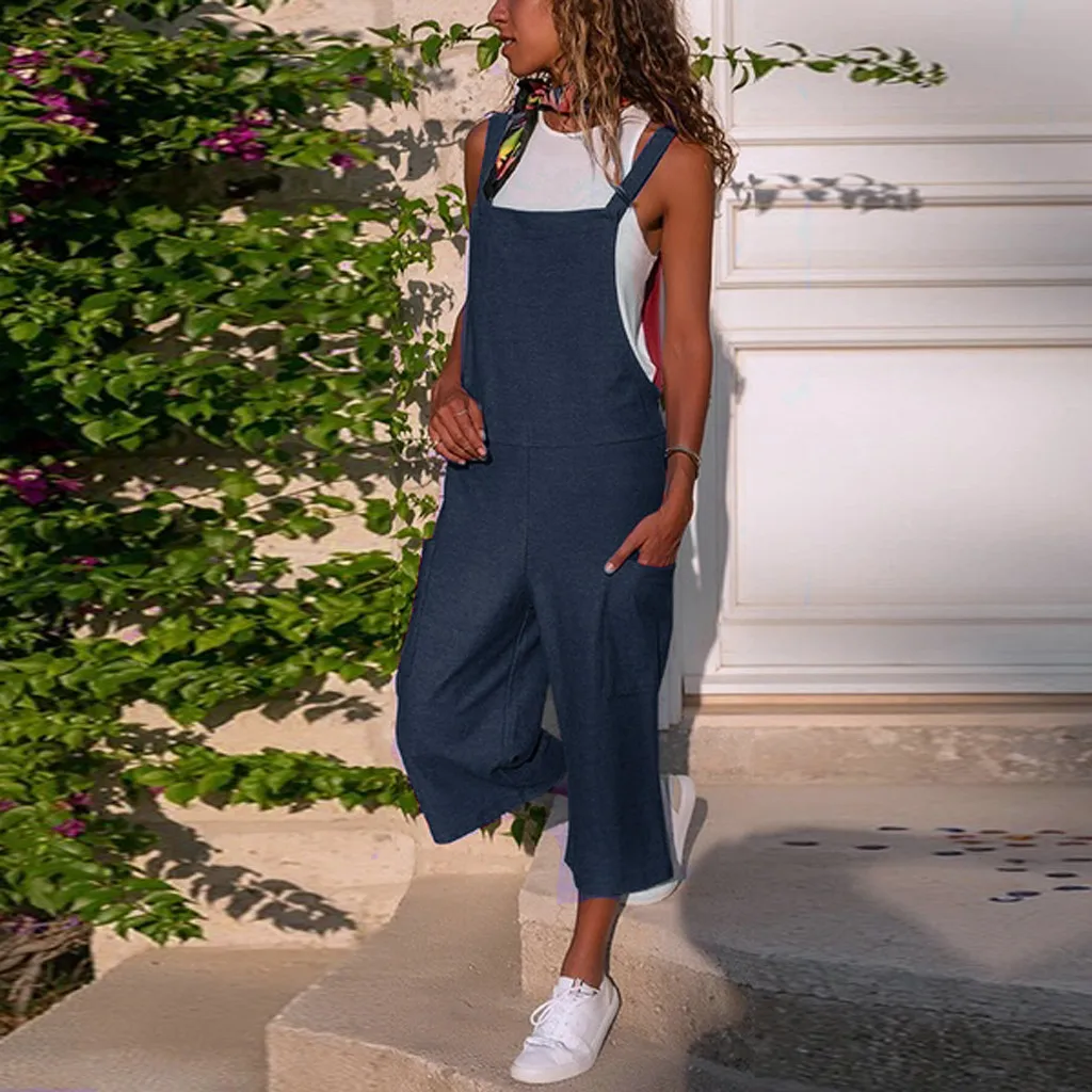 

Women Ladies Sleeveless Pockets Dungarees Loose Cotton Linen Long Playsuit Party Solid Casual Jumpsuit Summer