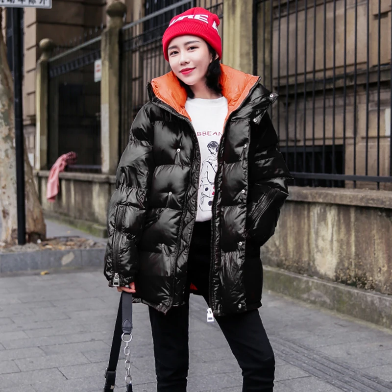 

Large size bread down cotton Medium long section winter women's new loose straight ins cotton Standing collar cotton coat Female