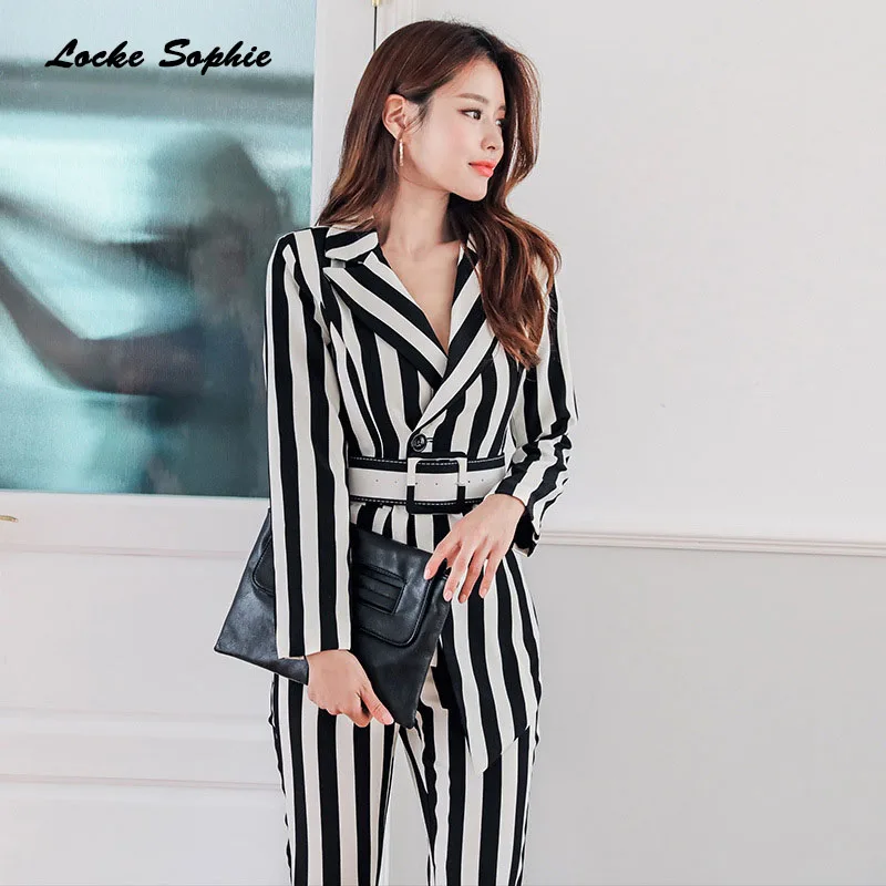 2 piece set womens Sexy tops and pants 2019 Summer cotton blend stripe waist belt suits ladies Skinny business suit twinset | Женская