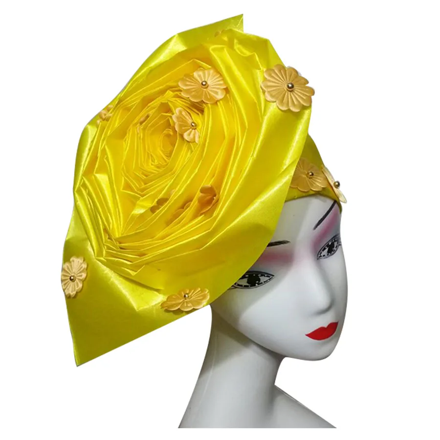 yellow- Авто геле нигерийский геле головной убор уже сделанный Авто геле тюрбан шапка африканская Асо ebi Асо oke головной убор - Цвет: yellow-