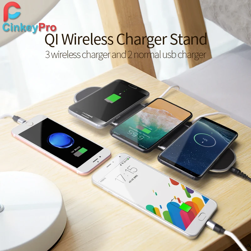 CinkeyPro QI Беспроводная зарядная станция Зарядка 3* Мобильный телефон и 2 порта USB Настольная док-станция для iPhone 8 10 X samsung S6 S7 S8