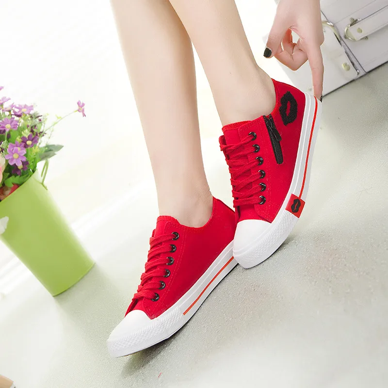 

Red Lip Women Casual Canvas Shoes 2019 Fashion Side Zipper Ladies Trainers Student Lace up Breathable Flat White Sneakers Female