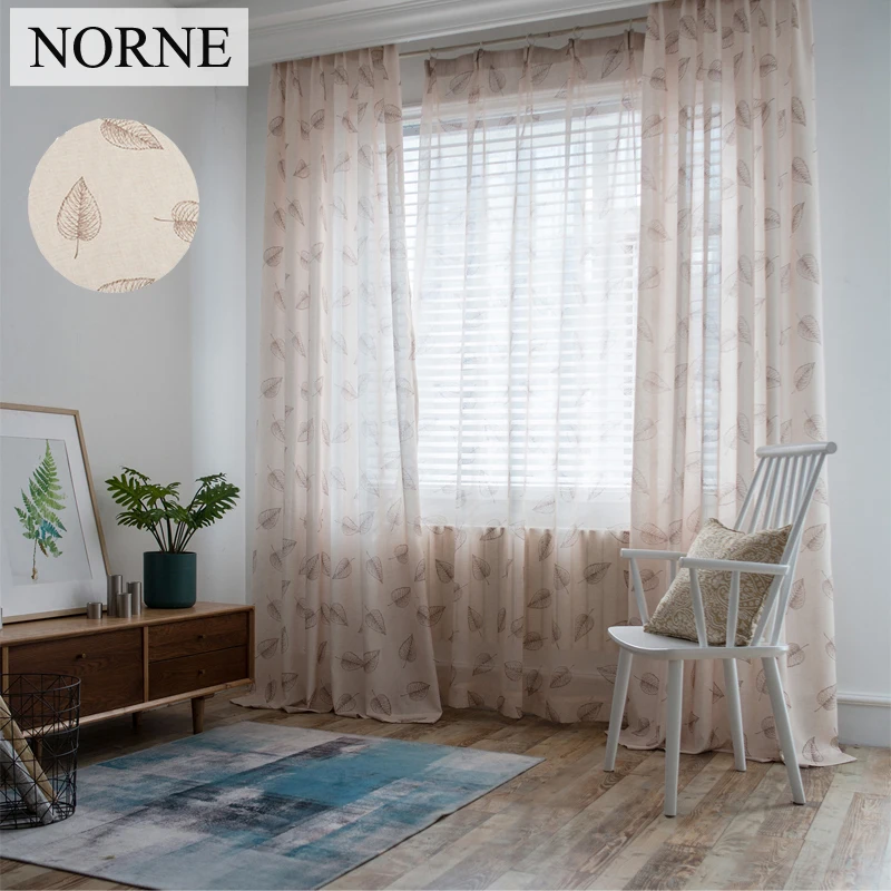 

NORNE Faux Linen Semi Tulle Window Sheer Curtains For Living Room Bedroom Kitchen Door Leaves Print Fabric Voiles Blinds Drapes