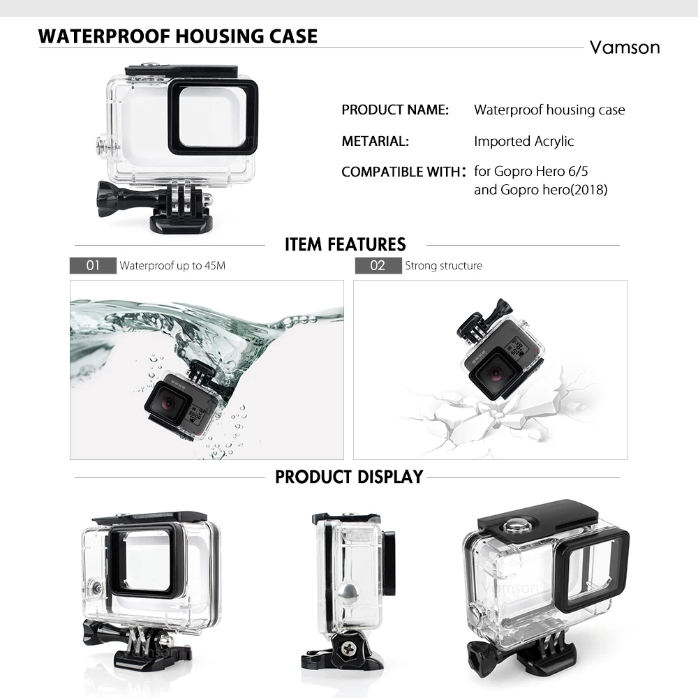 Купить Vamson для Gopro аксессуары набор для Go Pro Hero 7 6 5 черный аксессуары для камеры водонепроницаемый защитный корпус чехол VS73