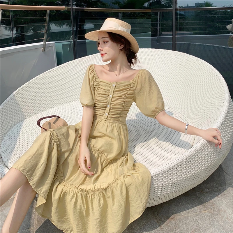 Летнее платье 2019 Корея ретро одежда короткий рукав плиссированные платья