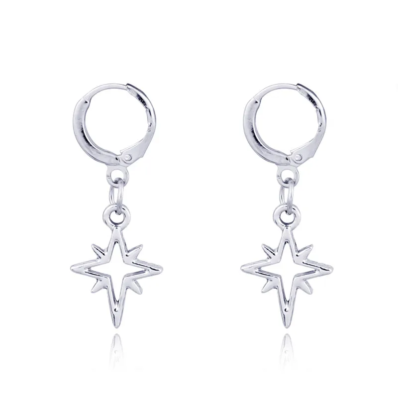 Dayoff Europe Silver Pointed Geometric Hoop Earrrings Punk Round Hollow Earstud Women Jewelry Small Long Earrings E436