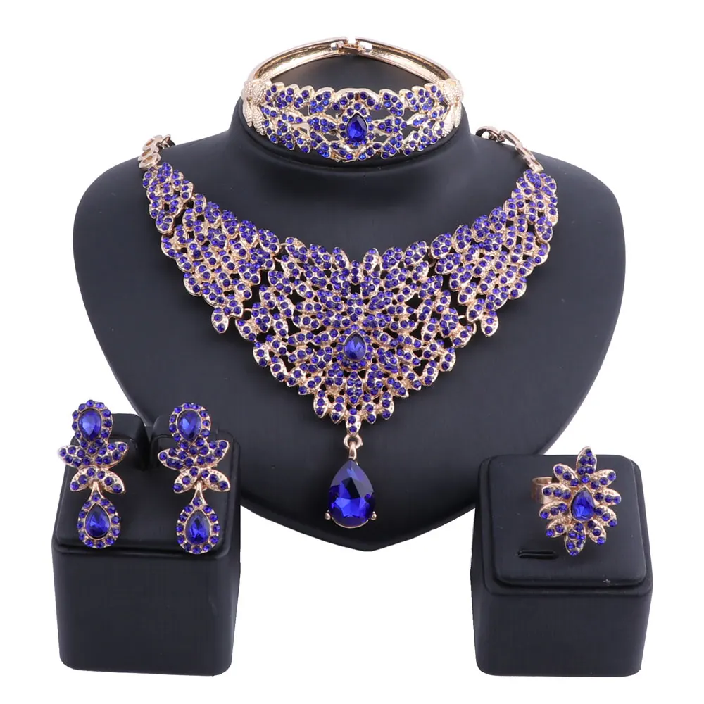 gold blue Женское Ожерелье в марокканском стиле, серьги, набор колец с кристаллами, стразы, роскошные свадебные ювелирные наборы для невесты - Окраска металла: gold blue