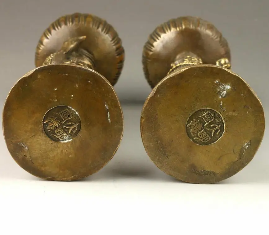 

A Pair Chinese Handmade Fine Dragon & Phoenix Bronze Carved buddhism Candlestick