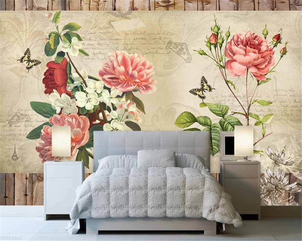 3d обои в стиле ретро высокая эстетическая атмосфера розовая роза бабочка |